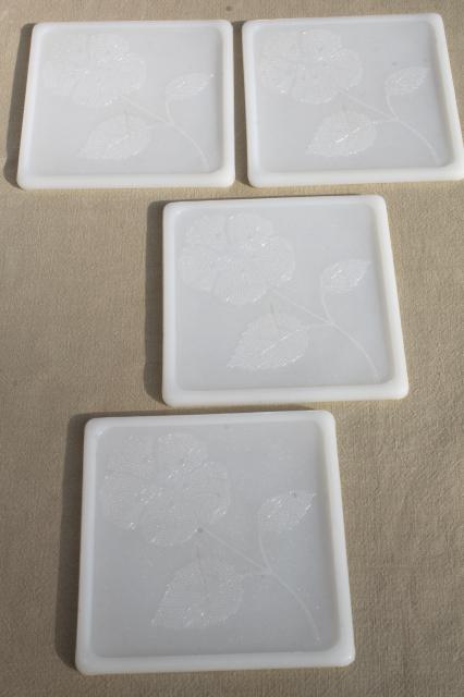 vintage Glasbake milk glass trivet tiles with flowers, set of heat proof glass trivets