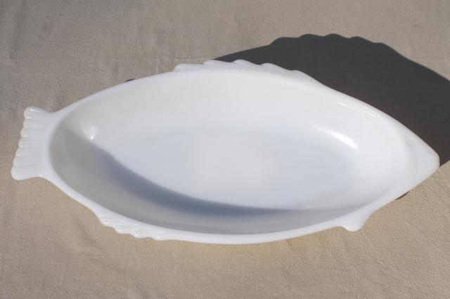 vintage Glasbake milk glass white fish dish, large platter serving plate tray