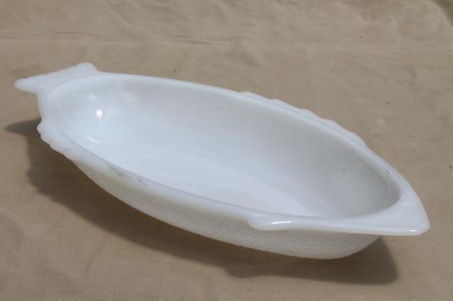 vintage Glasbake milk glass white fish dish, large platter serving plate tray