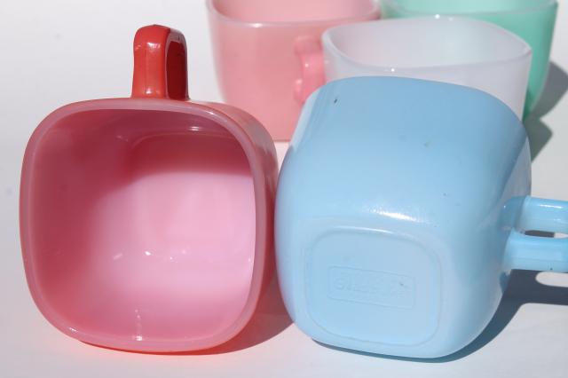 vintage Glasbake square mugs, Lipton's soup cups retro colors milk glass
