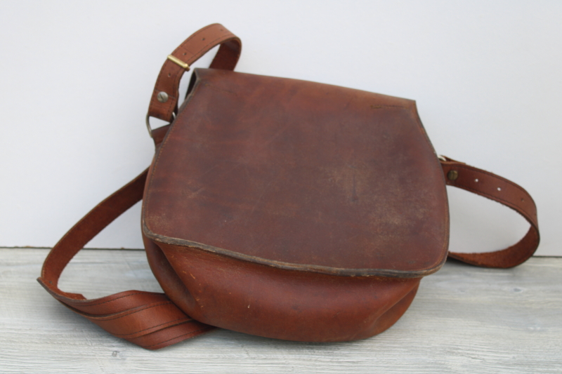 vintage Gokey label heavy leather satchel shoulder bag, 1940s 50s hunting shooting bag