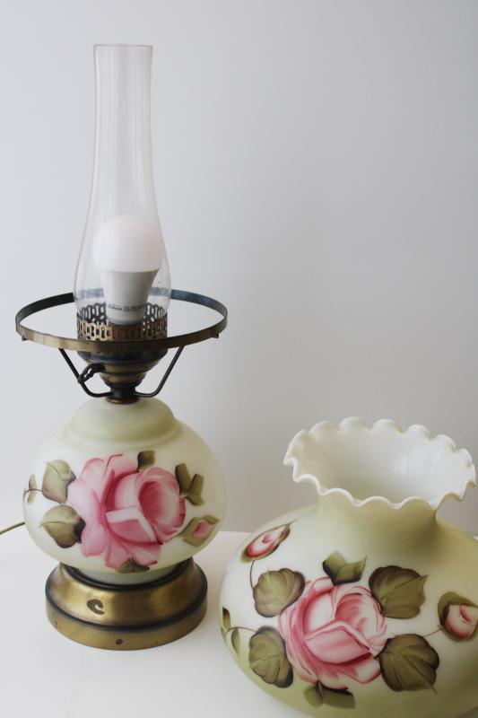 vintage Gone With The Wind lamp, hand-painted roses glass base & shade, hurricane chimney