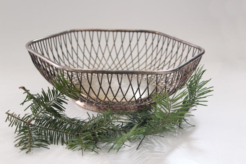 vintage Gorham silver plate basket bowl, woven openwork hexagonal dish
