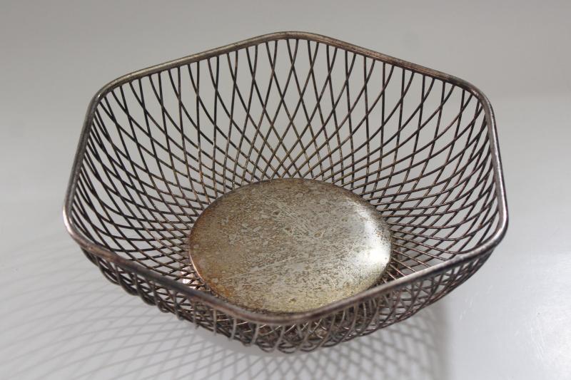 vintage Gorham silver plate basket bowl, woven openwork hexagonal dish