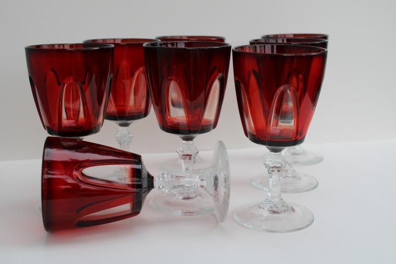 vintage Gothic ruby red / clear stem goblets, water or large wine glasses made in France