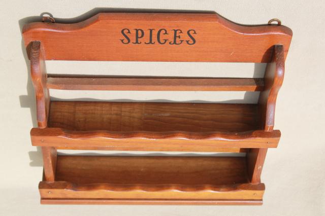 vintage Griffiths glass bottle spice set, 12 clear jars for spices & wood wall rack