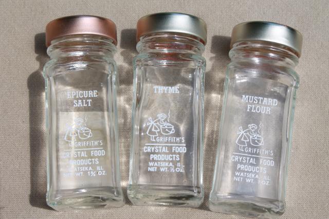 vintage Griffiths glass bottle spice set, 12 clear jars for spices & wood wall rack
