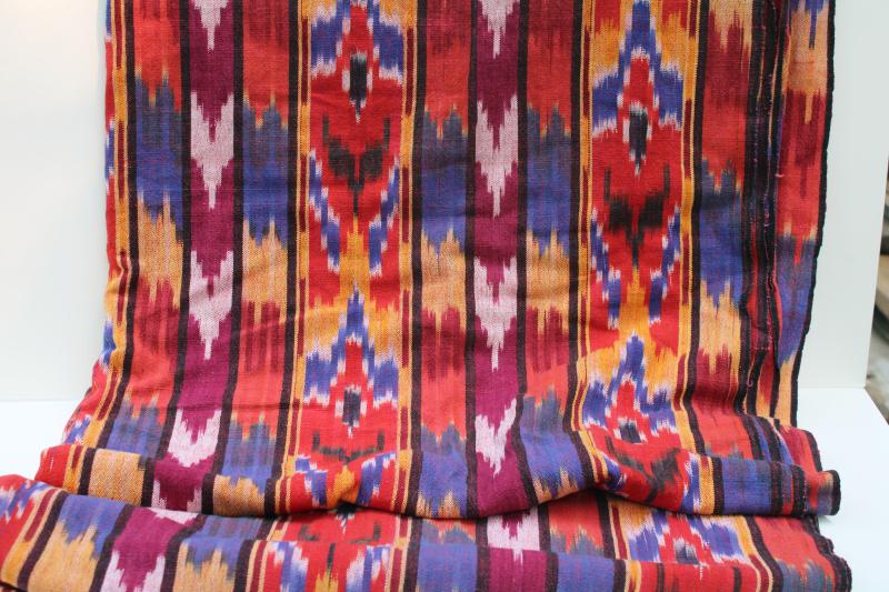 vintage Guatemala woven cotton ikat fabric, red, orange, pink, indigo