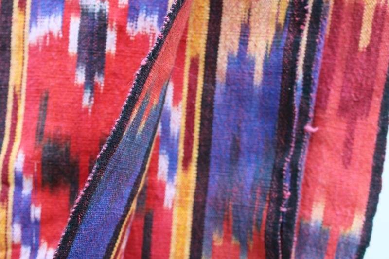 vintage Guatemala woven cotton ikat fabric, red, orange, pink, indigo