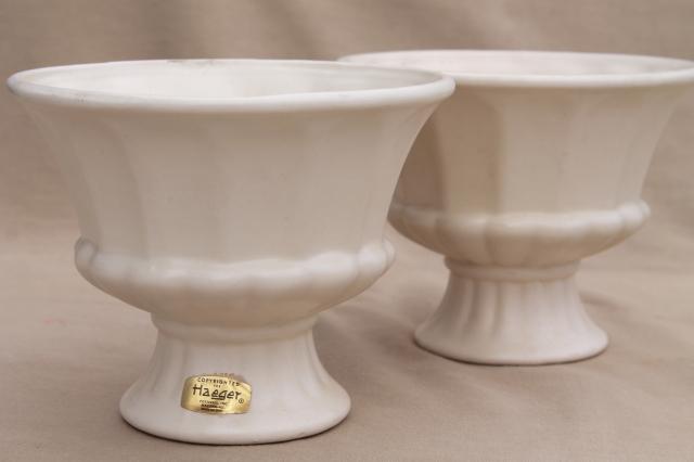 vintage Haeger pottery flower vases, pair matte ivory white ceramic classical urns