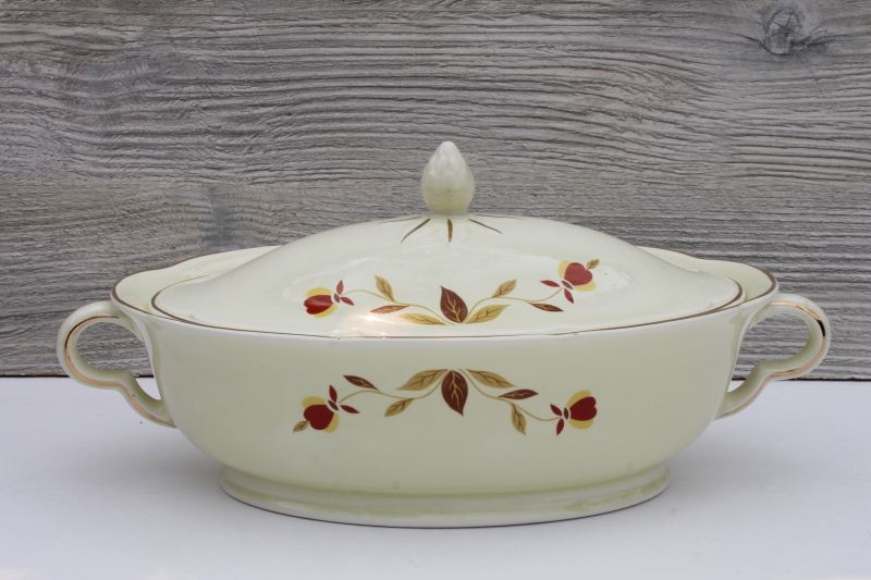 vintage Hall china autumn leaf Jewel Tea pattern oval vegetable serving bowl w/ lid