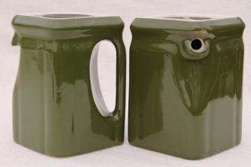vintage Hall china restaurant ware, individual coffee pots or square pitchers, green & white ironstone
