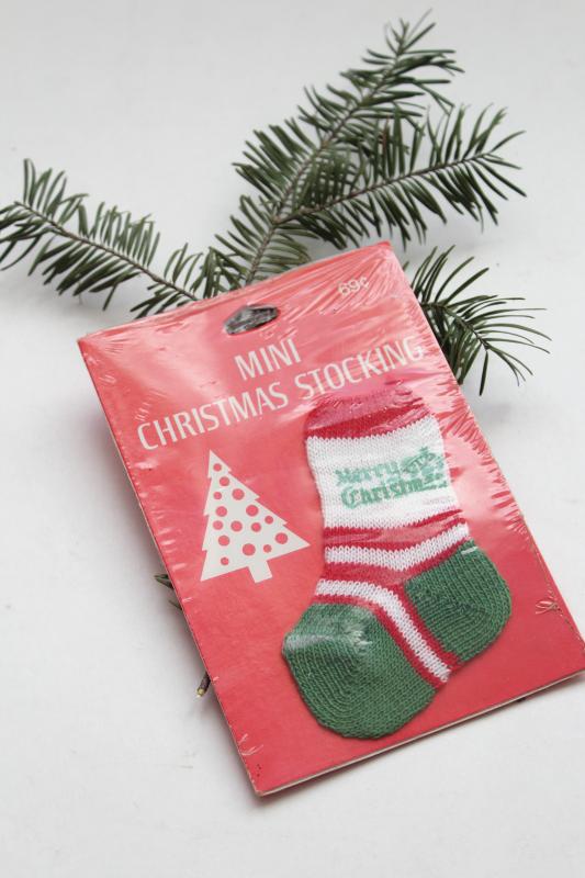 vintage Hallmark package mini stocking Merry Christmas ornament decoration, knitted sock