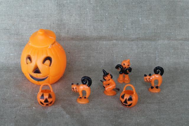 vintage Halloween, Hong Kong hard plastic cupcake topper toys & jack-o-lantern candy container