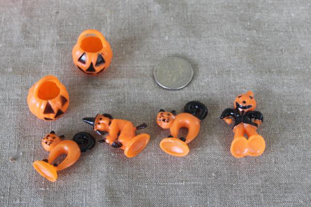 vintage Halloween, Hong Kong hard plastic cupcake topper toys & jack-o-lantern candy container