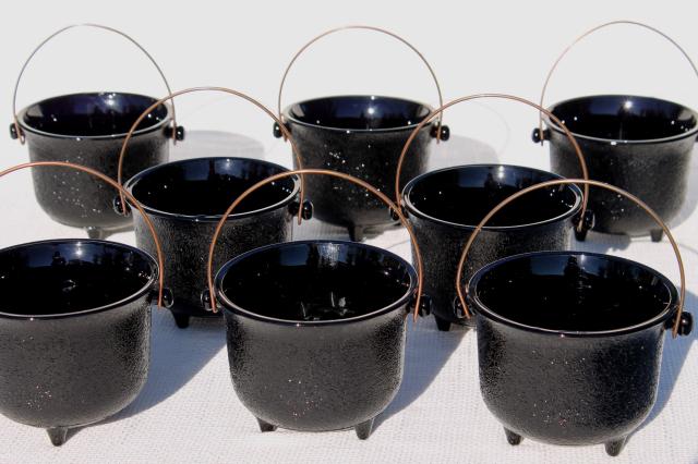 vintage Halloween black milk glass witch cauldron bowls or candy containers, set of 8