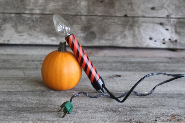 vintage Halloween black & orange striped cardboard candle, electric light for jack-o-lantern pumpkin