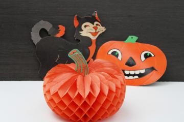 vintage Halloween die cuts, honeycomb paper party decorations, black cat, jack o lantern, pumpkin