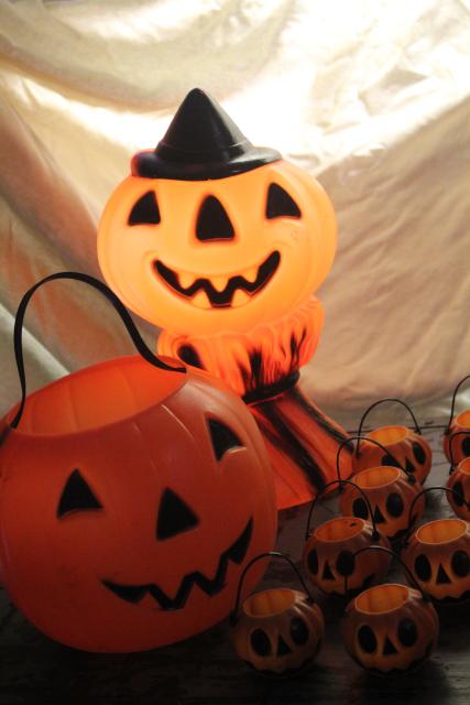 vintage Halloween jack o lantern pumpkins - blow mold light, trick or treat pails