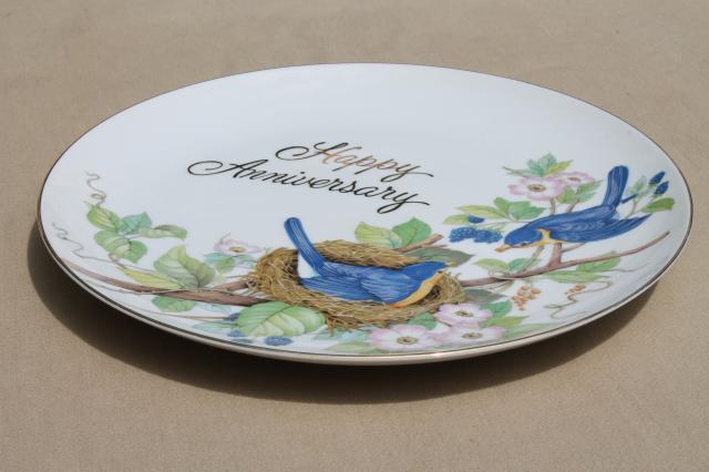 vintage Happy Anniversary gift china plate w/ blue birds, bluebirds of happiness