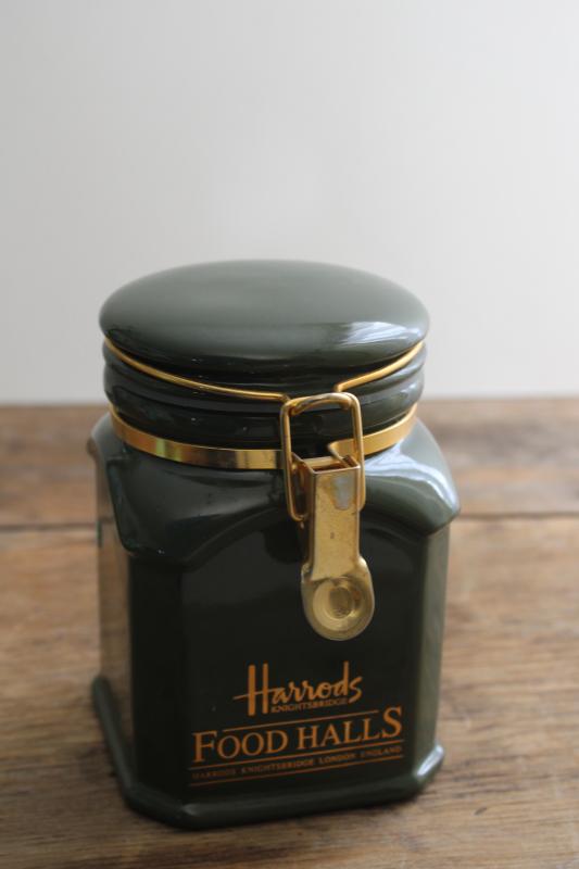 vintage Harrods green ceramic canister for tea, french canning jar style w/ bail lid 