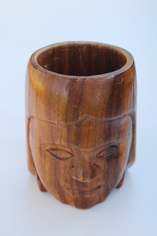 vintage Hawaiian monkey pod wood mug, carved face native Polynesian Pacific Islander