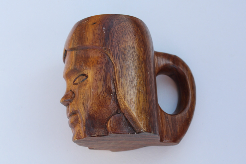 vintage Hawaiian monkey pod wood mug, carved face native Polynesian Pacific Islander
