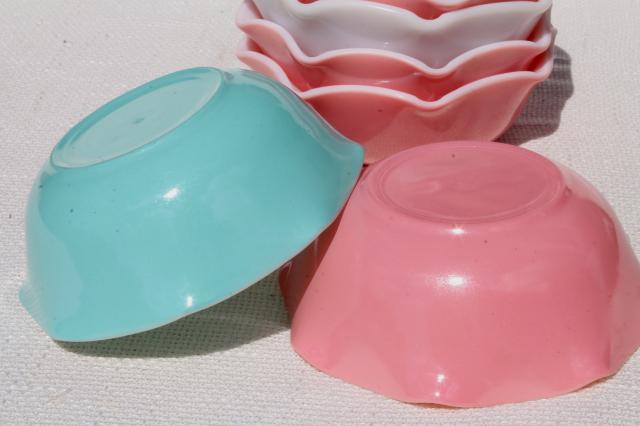 vintage Hazel Atlas crinoline pink & aqua ripple milk glass bowls or dessert dishes