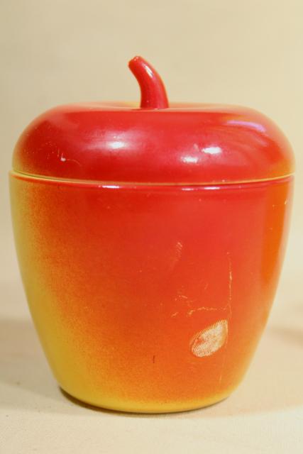 vintage Hazel Atlas milk glass apple jelly jar set, two jars red & yellow apples for jam