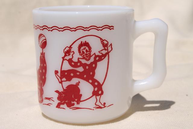 vintage Hazel Atlas milk glass children's mug, baby cup w/ red