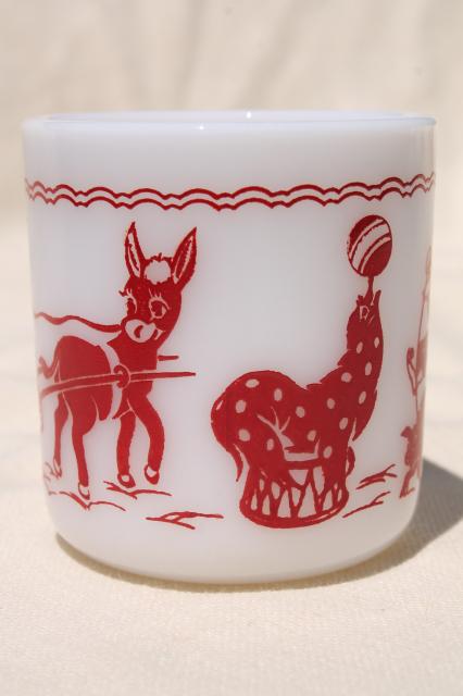 vintage Hazel Atlas milk glass children's mug, baby cup w/ red & white circus print pattern