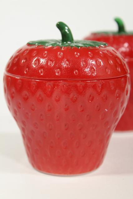 vintage Hazel Atlas milk glass strawberry jam pot set, two jars red strawberries