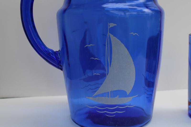 vintage Hazel Atlas red white sailboats pitcher & drinking glasses, blue depression glass
