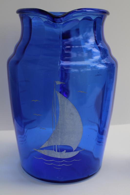 vintage Hazel Atlas red white sailboats pitcher & drinking glasses, blue depression glass