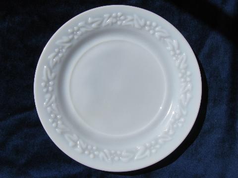 vintage Hazel-Atlas milk white glass dishes, vitrock type embossed floral border