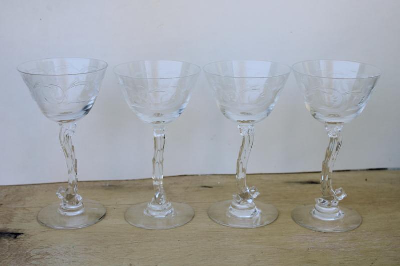 vintage Heisey Chanticleer rooster bird cocktail glasses, clear glass w/ figural stem