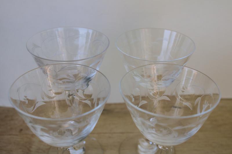 vintage Heisey Chanticleer rooster bird cocktail glasses, clear glass w/ figural stem