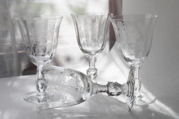 vintage Heisey rose stem etched roses floral water goblets or wine glasses