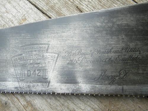 vintage Henry Disston and Sons D42 hand saw w/ brass nuts and etched blade