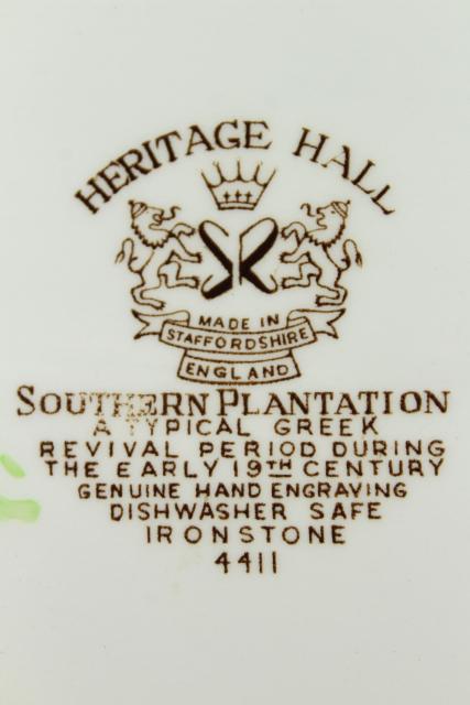 vintage Heritage Hall Johnson Bros brownmulti-color transferware china, Southern Plantation