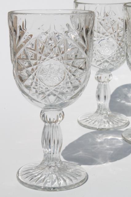 vintage Hobstar crystal clear Libbey glass water glasses, large wine goblets set of 6