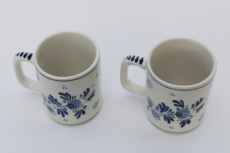 vintage Holland Delft pottery mugs, Dutch windmills folk art hand painted blue and white