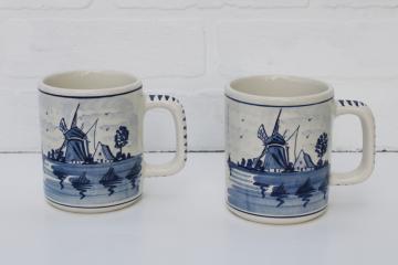 vintage Holland Delft pottery mugs, Dutch windmills folk art hand painted blue and white