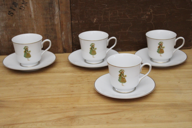 vintage Holly Hobbie Green Girl pattern china dinnerware, set of four cups and saucers