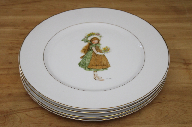 vintage Holly Hobbie Green Girl pattern china dinnerware, set of four dinner plates