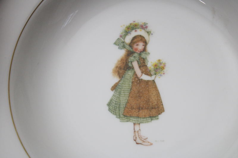 vintage Holly Hobbie Green Girl pattern china dinnerware, set of four rim soup bowls