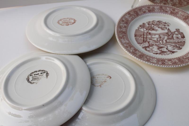 vintage Homer Laughlin Kingsway brown transferware plates, Traveler's Welcome berries border