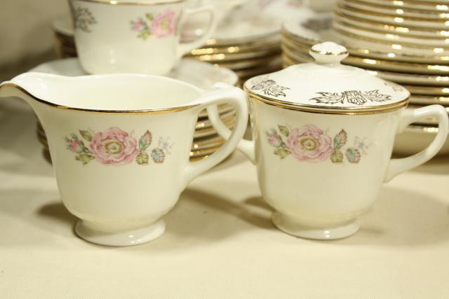 vintage Homer Laughlin Queen Esther moss rose china, estate dinnerware set for 8