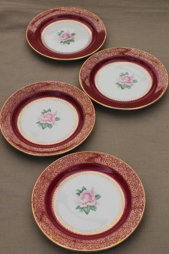 vintage Homer Laughlin china cake plates w/ pink roses, wine red & gold border