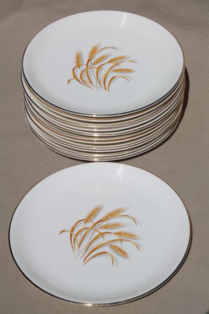 vintage Homer Laughlin golden wheat china, gold wheat sheaf dinner plates Thanksgiving set for 12